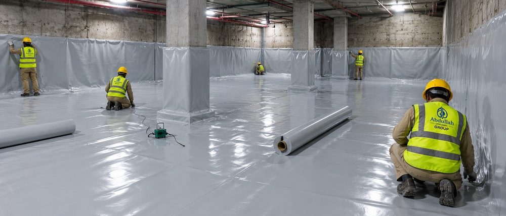 PVC-Geomembrane-in-Basement-Lining PVC Geomembrane, dimple geomembrane, drain membrane, waste management, pond lining, pakistan, uae, saudi arabia, KSA, qatar, russia, germany, turkey